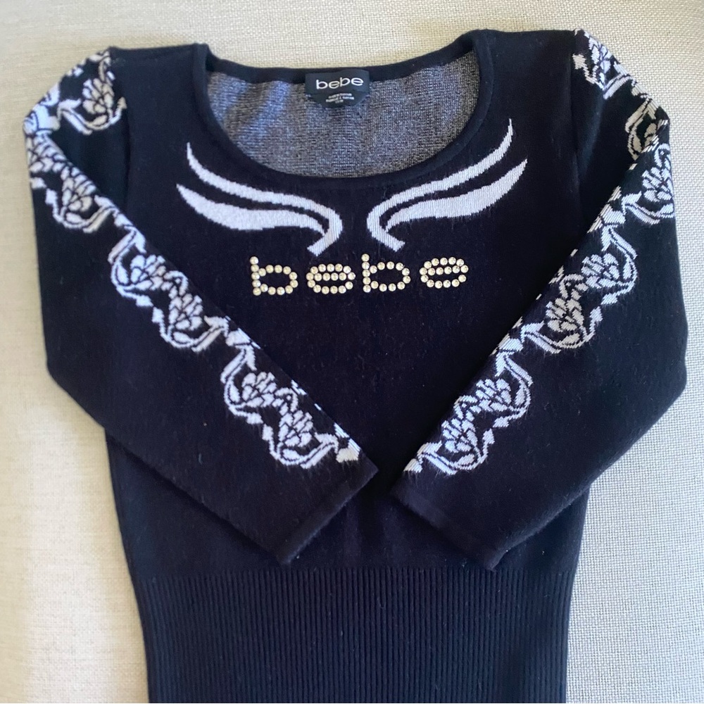 Bebe Y2K Rhinestone Bling Fitted Black Knit Sweater Top - Size XS
